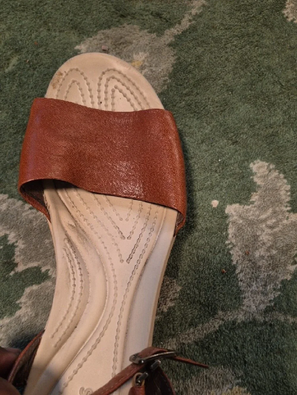 CROCS Brown Leather T-Strap Sandals with Cream Footbed